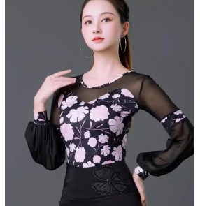 Black with pink cherry flowers latin ballroom dance blouses leotard tops for female women flamenco waltz ballroom rhythm chahca dancing jumpsuits for lady 